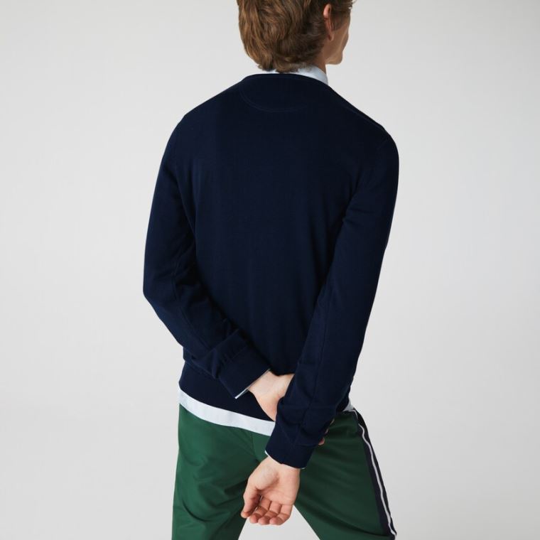 Lacoste Caviar Piqué Accent Sweater Mørkeblå Blå Hvide Mørkeblå Blå | 4GfVT6MR