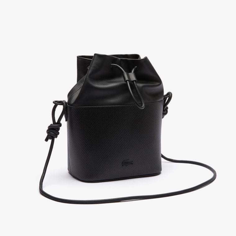 Lacoste Chantaco Matte Piqué Læder Drawstring Bucket Bag Sort | 7dLO1RoL