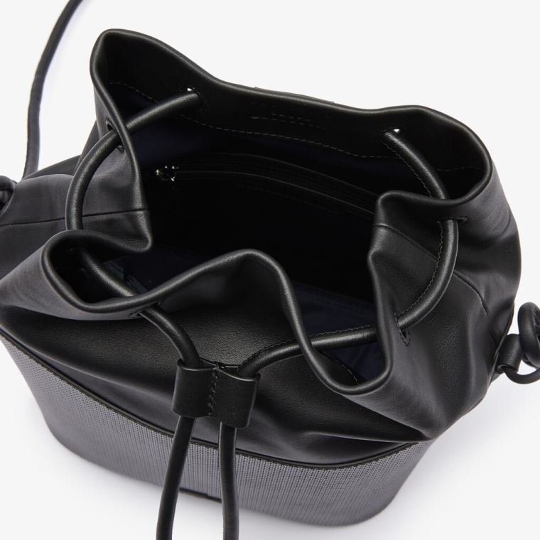 Lacoste Chantaco Matte Piqué Læder Drawstring Bucket Bag Sort | 7dLO1RoL