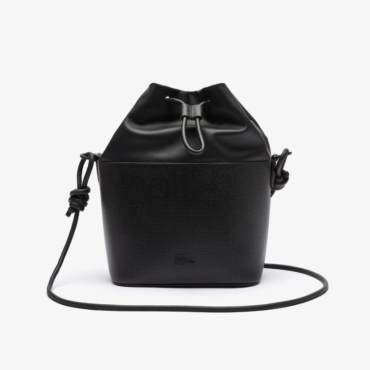 Lacoste Chantaco Matte Piqué Læder Drawstring Bucket Bag Sort | 7dLO1RoL