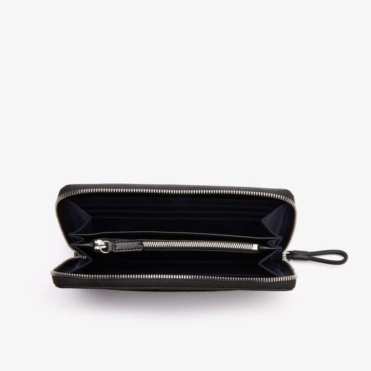 Lacoste Chantaco Matte Piqué Læder Zip Wallet Sort | BkvE2DfZ