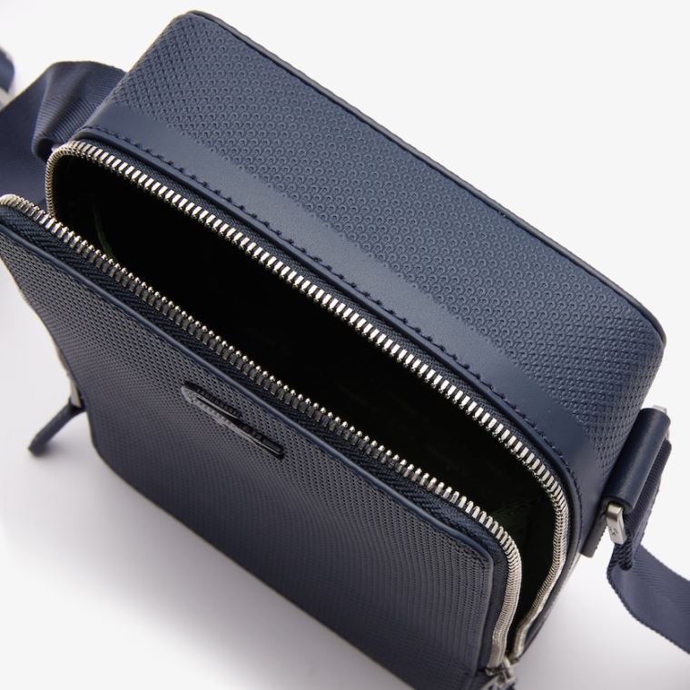 Lacoste Chantaco Matte Stitched Læder Vertical Camera Bag Mørkeblå | U5N1hyV9