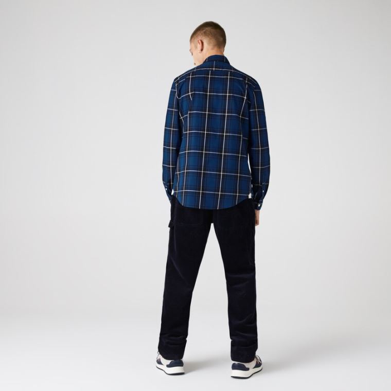 Lacoste Checked Slim Fit Stretch Bomulds Poplin Shirt Blå Sort Hvide | nv41FnSJ