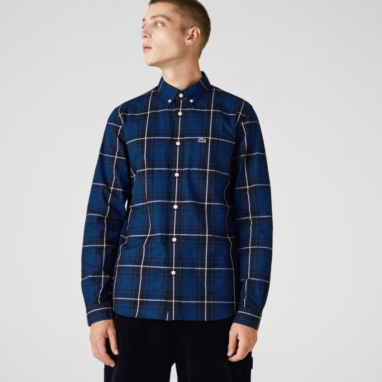 Lacoste Checked Slim Fit Stretch Bomulds Poplin Shirt Blå Sort Hvide | nv41FnSJ