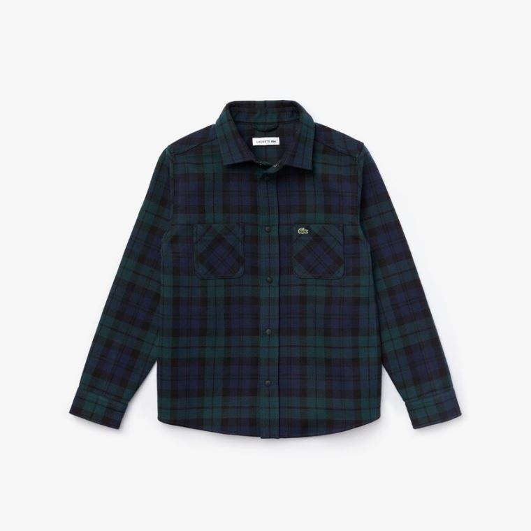 Lacoste Classic Fit Checked Bomulds Flannel Shirt Mørkeblå Blå Grøn | Dl7YEkco