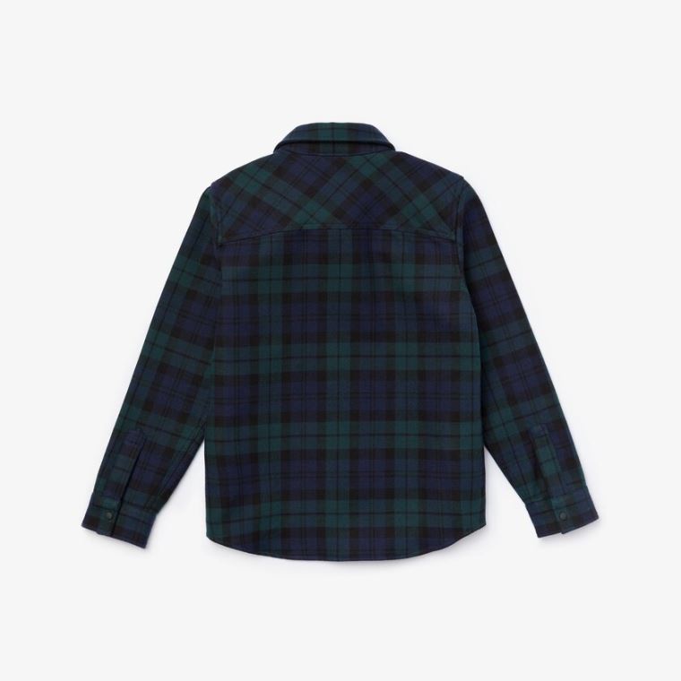 Lacoste Classic Fit Checked Bomulds Flannel Shirt Mørkeblå Blå Grøn | Dl7YEkco