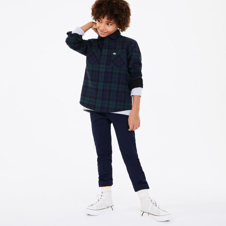 Lacoste Classic Fit Checked Bomulds Flannel Shirt Mørkeblå Blå Grøn | Dl7YEkco