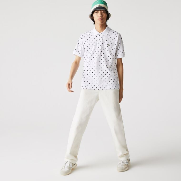 Lacoste Classic Fit Polka Dot Bomulds Piqué Polo Hvide Mørkeblå Blå | 2ikcJnXD