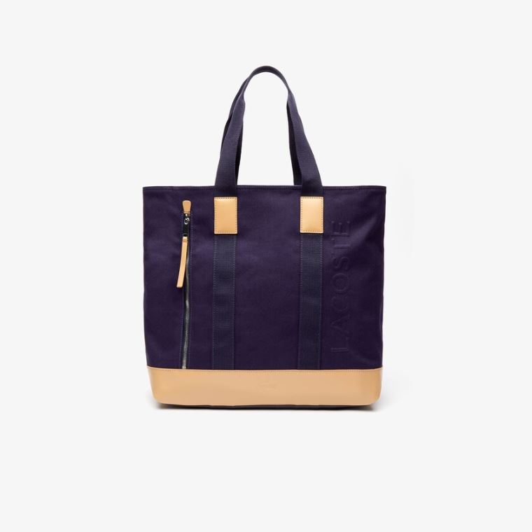 Lacoste Classic Læder and Canvas Tote Bag Mørkeblå Brune | XOhAOez3