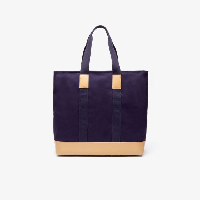 Lacoste Classic Læder and Canvas Tote Bag Mørkeblå Brune | XOhAOez3