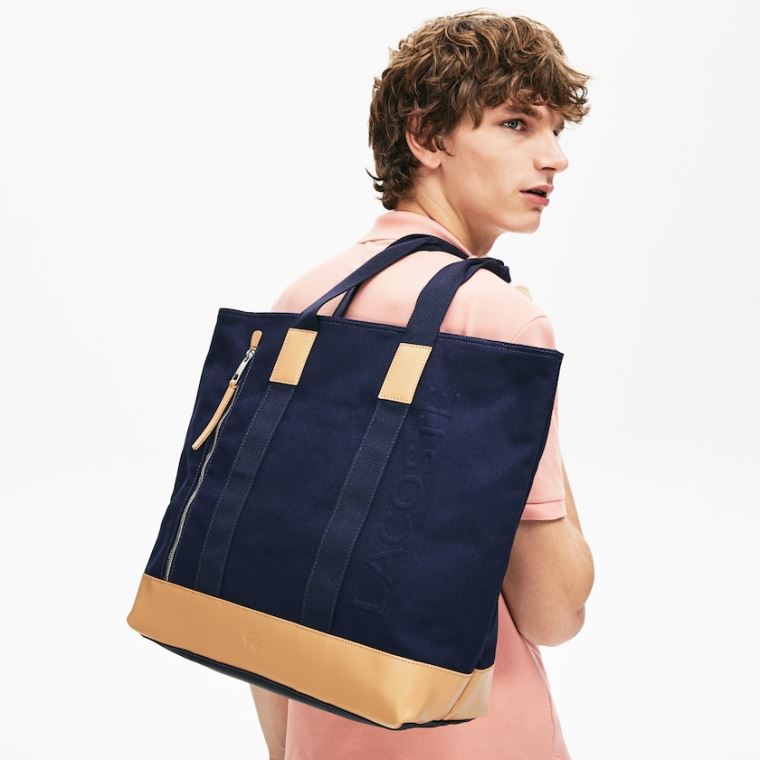 Lacoste Classic Læder and Canvas Tote Bag Mørkeblå Brune | XOhAOez3