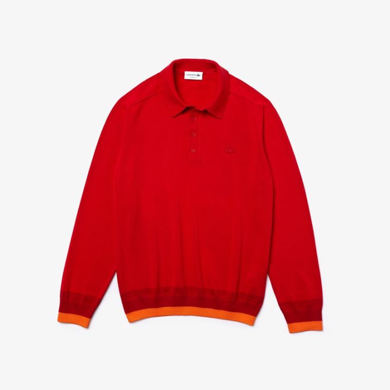 Lacoste Contrast Striped Polo Collar Organic Bomulds Sweater Rød Mørkerød Rød | ZBC5jnZG