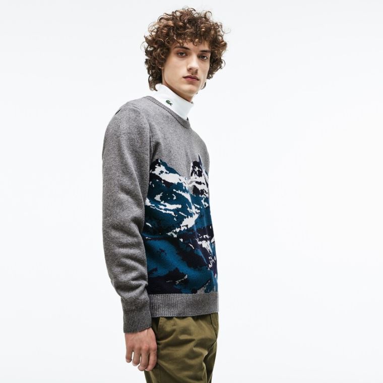 Lacoste Crew Neck Alpine Print Wool And Bomulds Jacquard Sweater Grå Grøn Blå Hvide | oriYJqL3