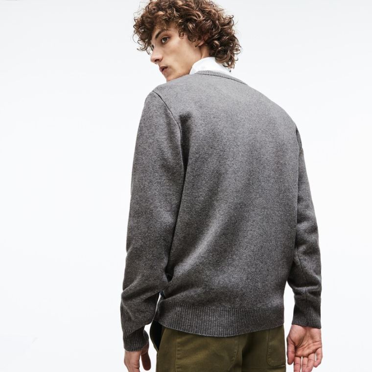 Lacoste Crew Neck Alpine Print Wool And Bomulds Jacquard Sweater Grå Grøn Blå Hvide | oriYJqL3