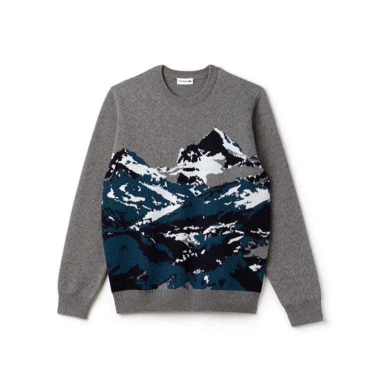 Lacoste Crew Neck Alpine Print Wool And Bomulds Jacquard Sweater Grå Grøn Blå Hvide | oriYJqL3