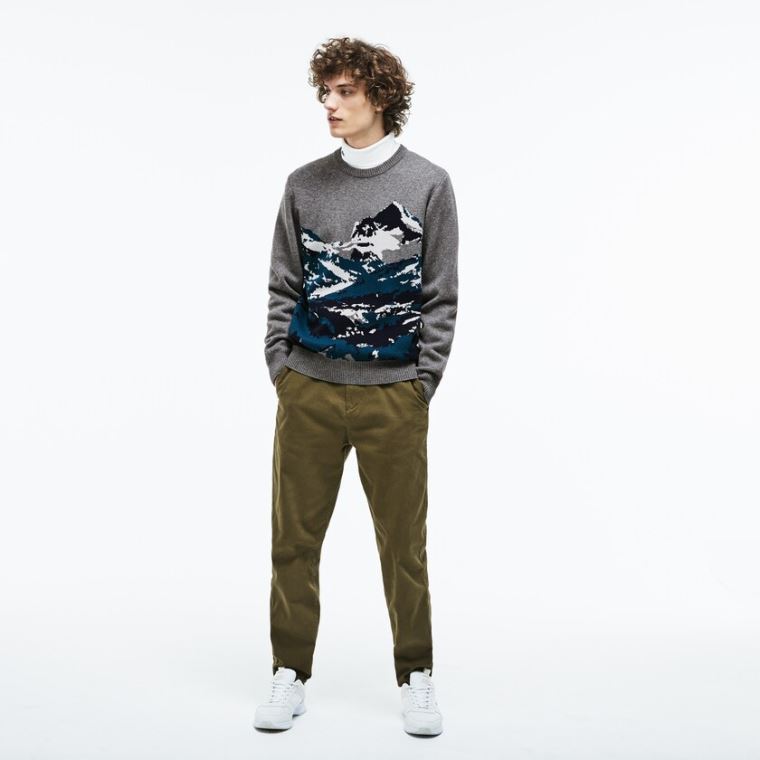 Lacoste Crew Neck Alpine Print Wool And Bomulds Jacquard Sweater Grå Grøn Blå Hvide | oriYJqL3