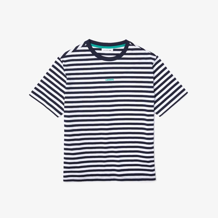 Lacoste Crew Neck Branded Striped Bomulds T-shirt Mørkeblå Blå Hvide | 5iGq5yBc