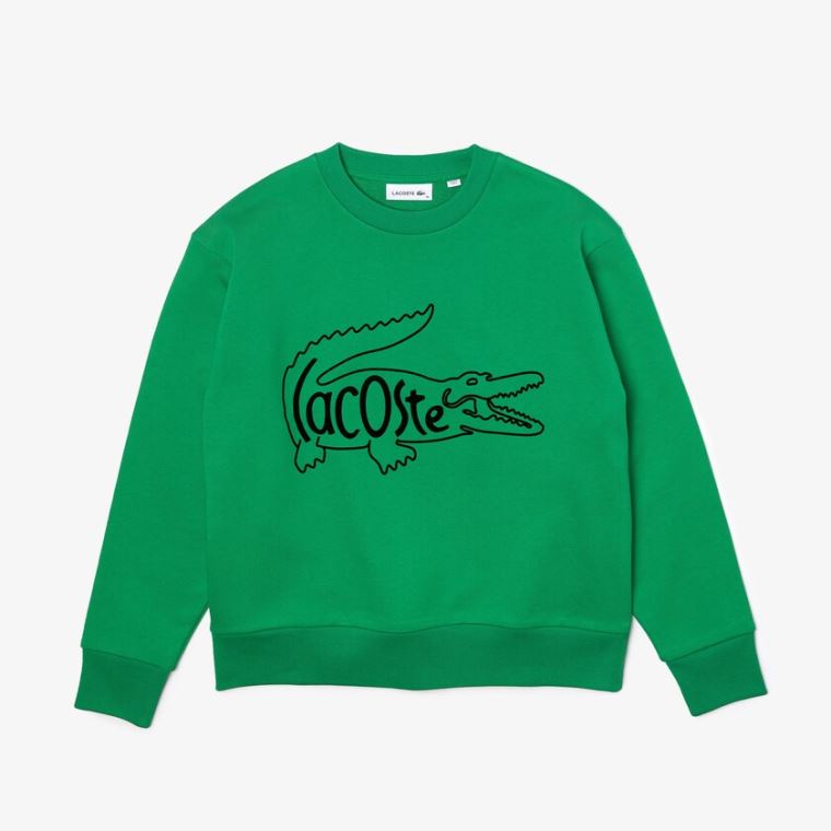 Lacoste Crew Neck Crocodile Print Bomulds Fleece Sweatshirt Grøn | 7S70dz5Q