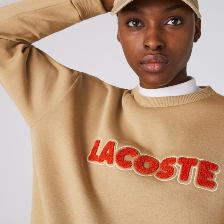 Lacoste Crew Neck Embroidered Fleece Sweatshirt Beige | EbqWLByL