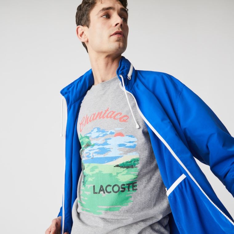 Lacoste Crew Neck Landscape Print Bomulds T-shirt Grå Rød | ePDzLUPT