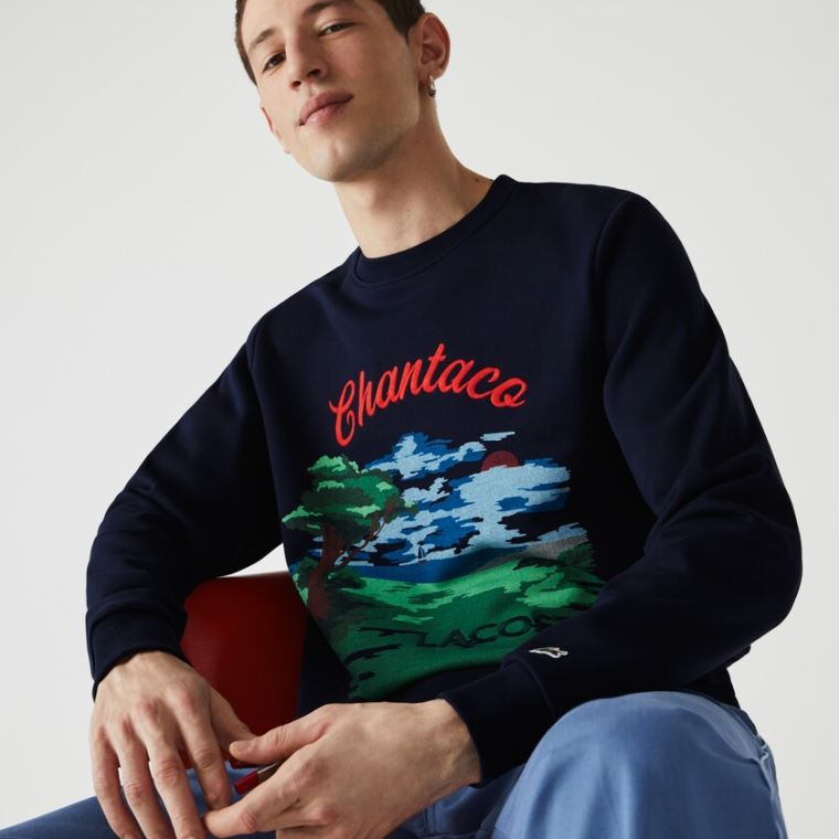 Lacoste Crew Neck Landscape Print Fleece Sweatshirt Mørkeblå Blå Rød | dU5vgZFK