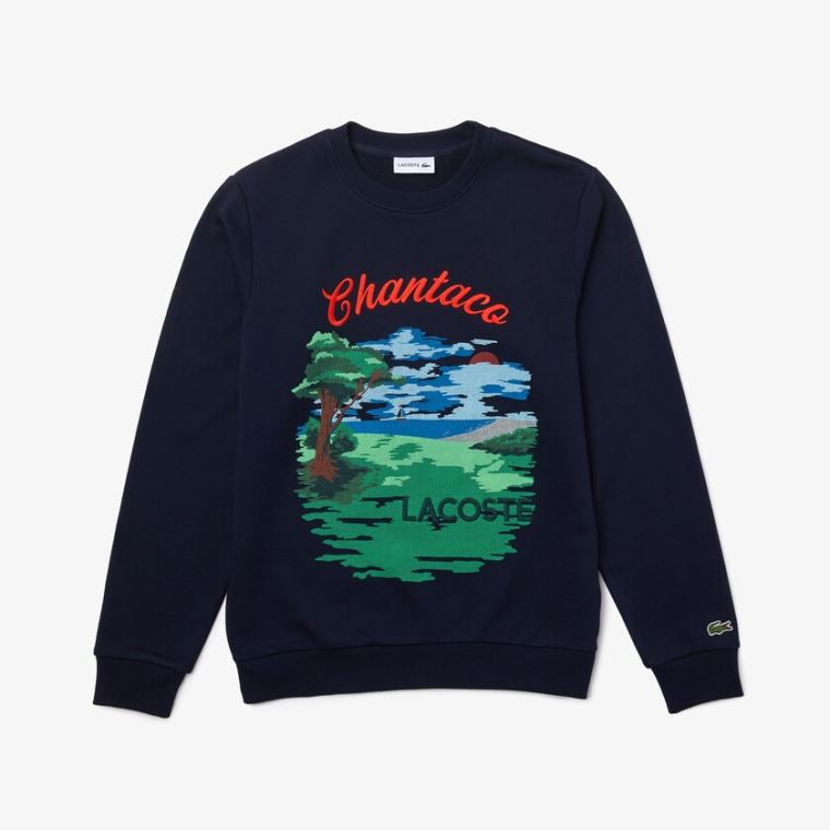 Lacoste Crew Neck Landscape Print Fleece Sweatshirt Mørkeblå Blå Rød | dU5vgZFK