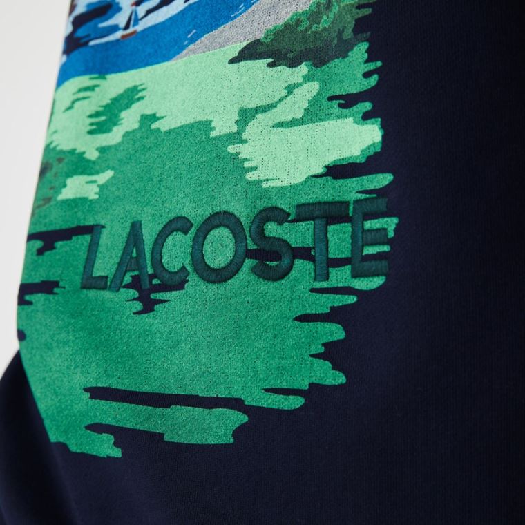 Lacoste Crew Neck Landscape Print Fleece Sweatshirt Mørkeblå Blå Rød | dU5vgZFK