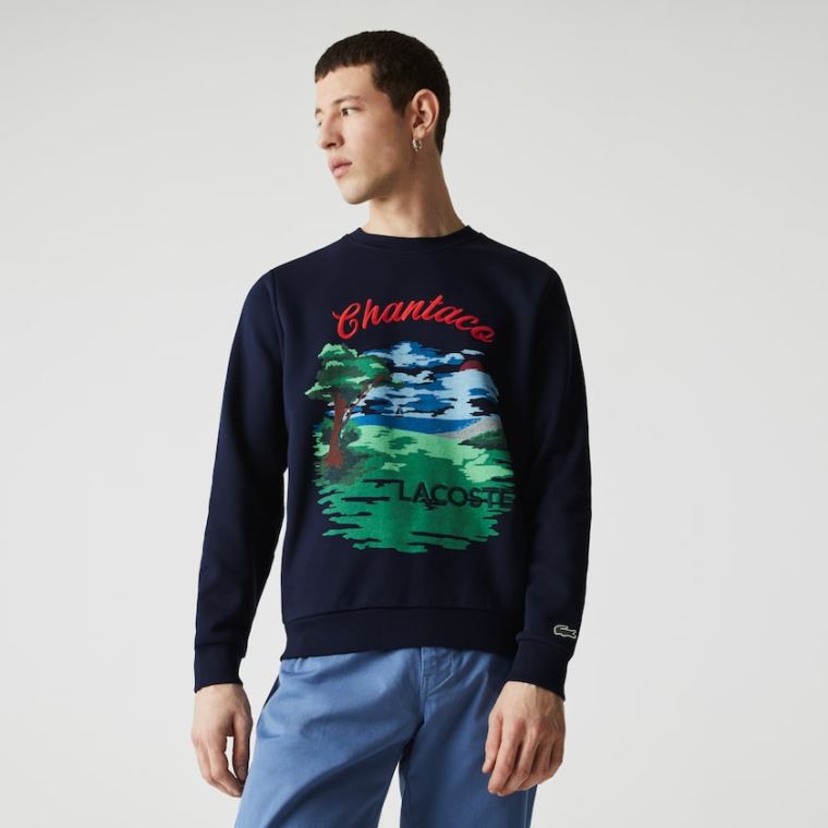 Lacoste Crew Neck Landscape Print Fleece Sweatshirt Mørkeblå Blå Rød | dU5vgZFK