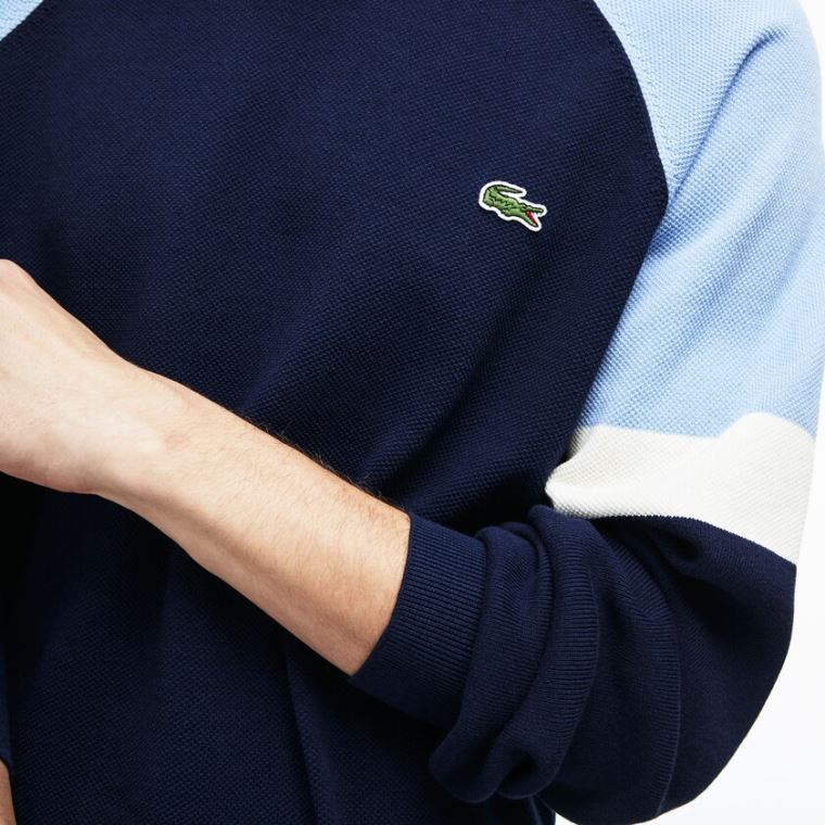 Lacoste Crew Neck Raglan Sleeved Sweater Mørkeblå Blå Hvide Lyseblå | 47MPwWl4