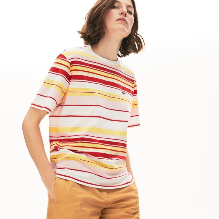 Lacoste Crew Neck Striped Bomulds T-shirt Hvide Rød Lyselyserød Gul | R4OCYUZo