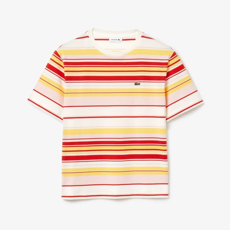 Lacoste Crew Neck Striped Bomulds T-shirt Hvide Rød Lyselyserød Gul | R4OCYUZo