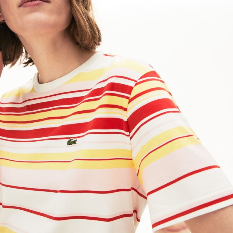 Lacoste Crew Neck Striped Bomulds T-shirt Hvide Rød Lyselyserød Gul | R4OCYUZo