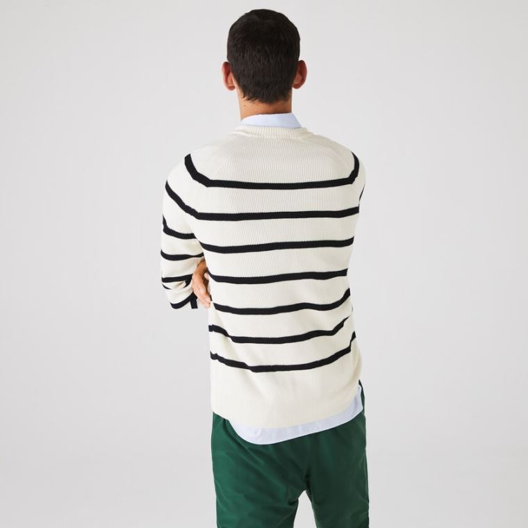 Lacoste Crew Neck Striped Ribbed Wool Sweater Hvide Mørkeblå Blå | s3v2N7ob