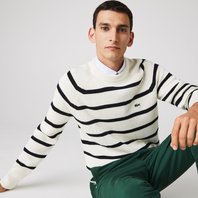 Lacoste Crew Neck Striped Ribbed Wool Sweater Hvide Mørkeblå Blå | s3v2N7ob