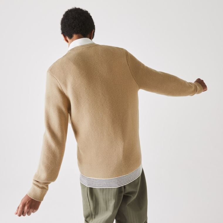 Lacoste Crew Neck Textured Wool And Bomulds Sweater Beige Hvide Mørkeblå Blå | x3p6RUqA