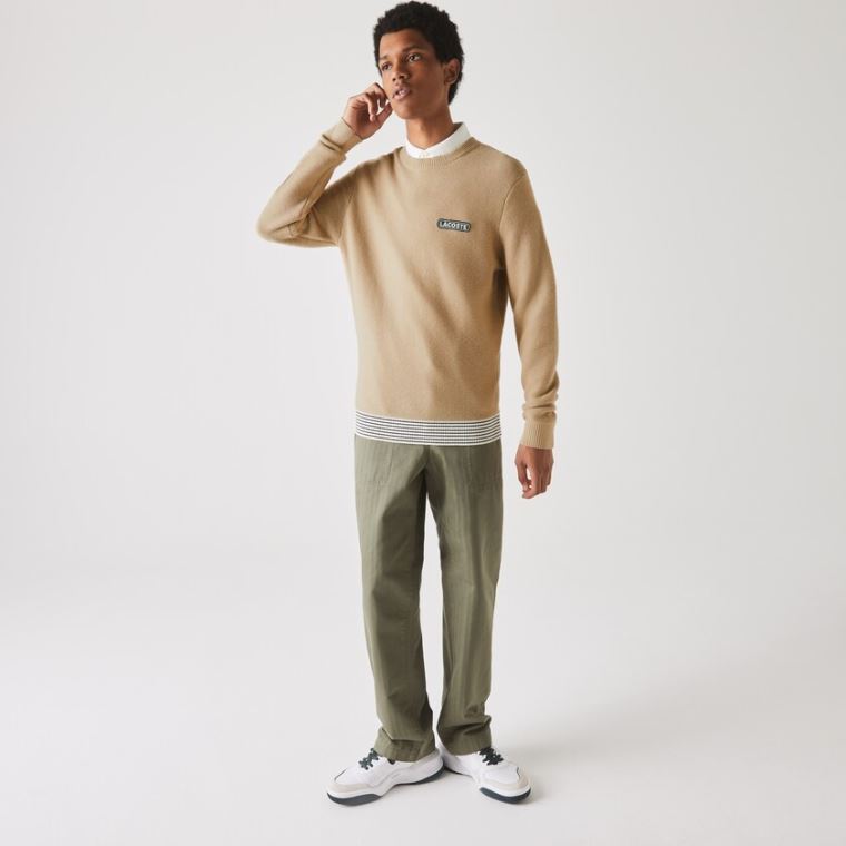 Lacoste Crew Neck Textured Wool And Bomulds Sweater Beige Hvide Mørkeblå Blå | x3p6RUqA