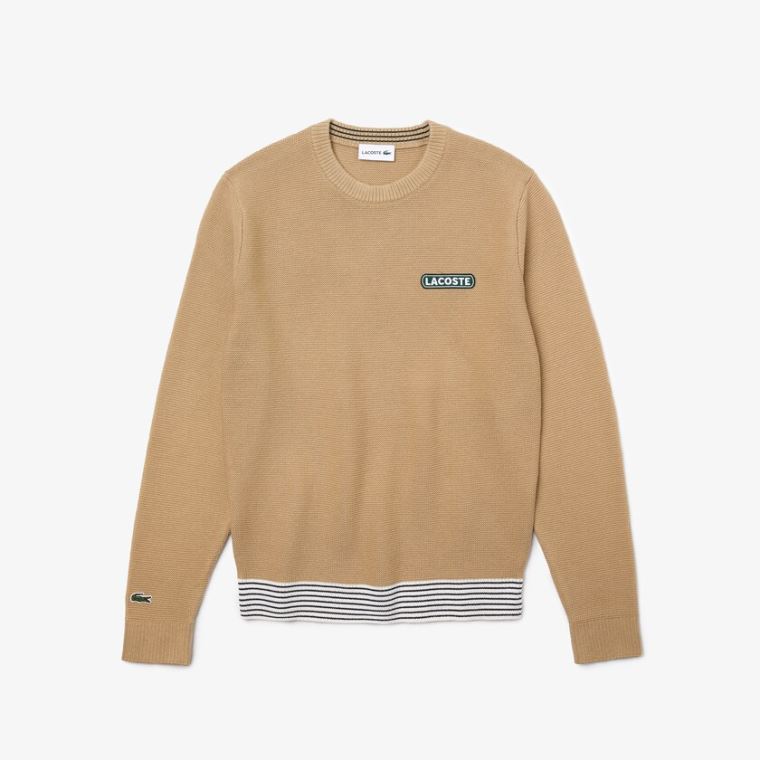 Lacoste Crew Neck Textured Wool And Bomulds Sweater Beige Hvide Mørkeblå Blå | x3p6RUqA