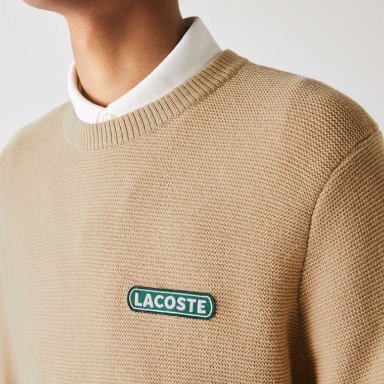 Lacoste Crew Neck Textured Wool And Bomulds Sweater Beige Hvide Mørkeblå Blå | x3p6RUqA