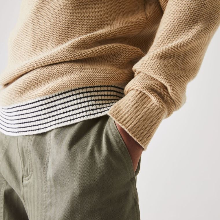 Lacoste Crew Neck Textured Wool And Bomulds Sweater Beige Hvide Mørkeblå Blå | x3p6RUqA