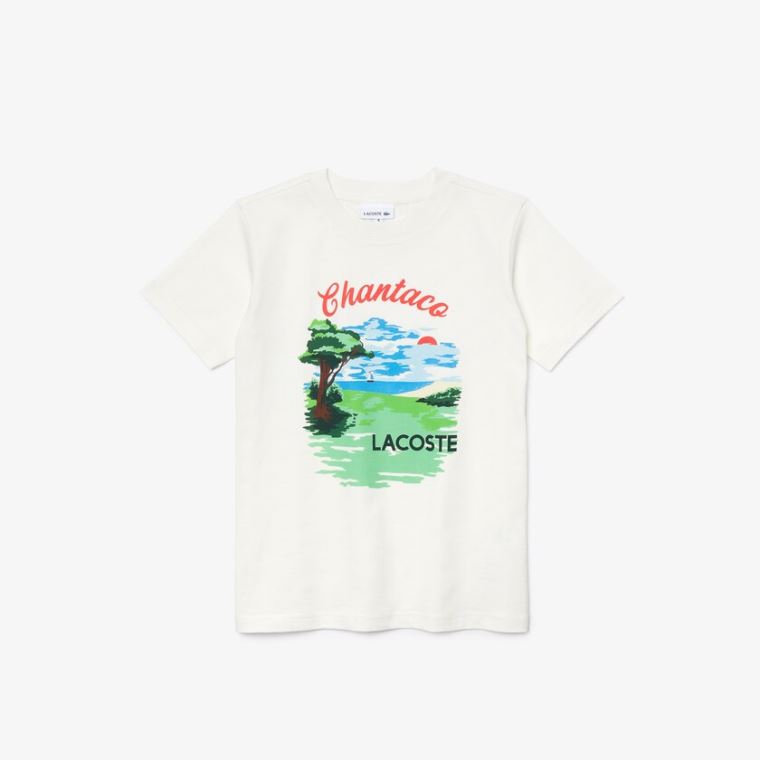 Lacoste Crewneck Chantaco-Print Bomulds T-shirt Hvide | MByVnCTB