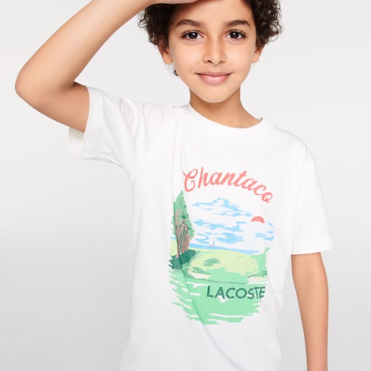 Lacoste Crewneck Chantaco-Print Bomulds T-shirt Hvide | MByVnCTB