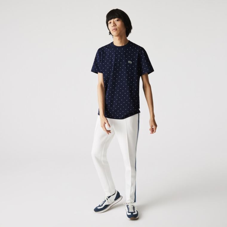 Lacoste Crewneck Polka Dotted Bomulds T-shirt Mørkeblå Blå | oAmPSUw1