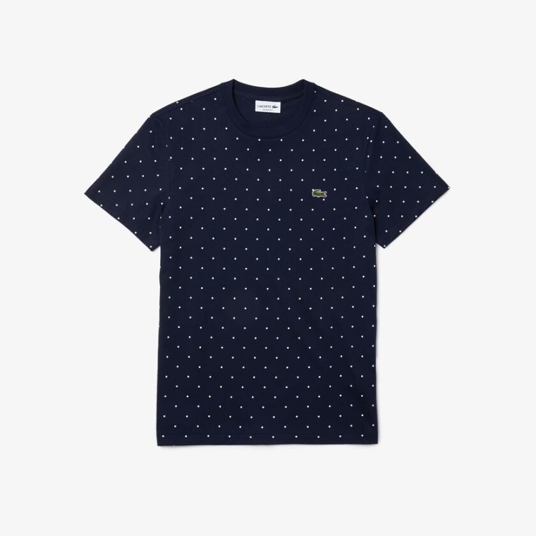 Lacoste Crewneck Polka Dotted Bomulds T-shirt Mørkeblå Blå | oAmPSUw1