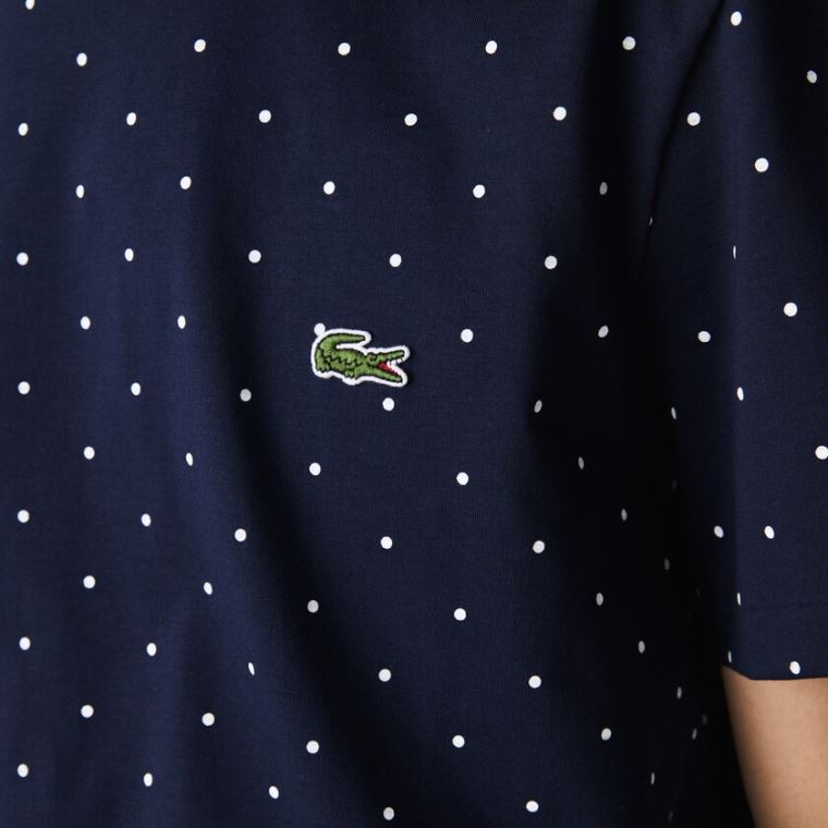 Lacoste Crewneck Polka Dotted Bomulds T-shirt Mørkeblå Blå | oAmPSUw1