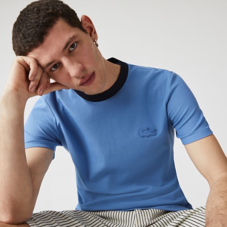 Lacoste Crewneck Relaxed Fit Textured Bomulds T-shirt Blå Mørkeblå Blå | KLK6NxpD