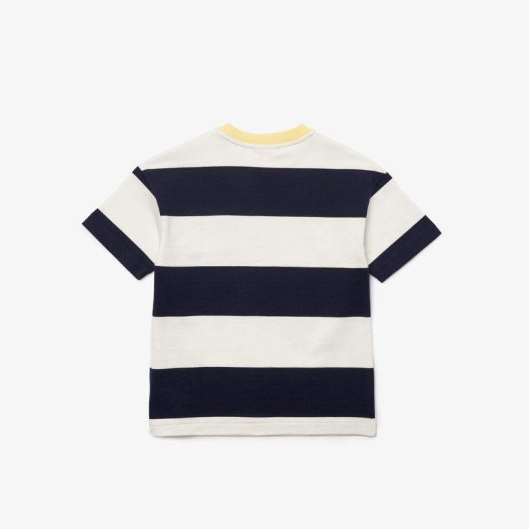 Lacoste Crewneck Rugby Striped Bomulds T-shirt Hvide Mørkeblå Blå | VYWjcZrk