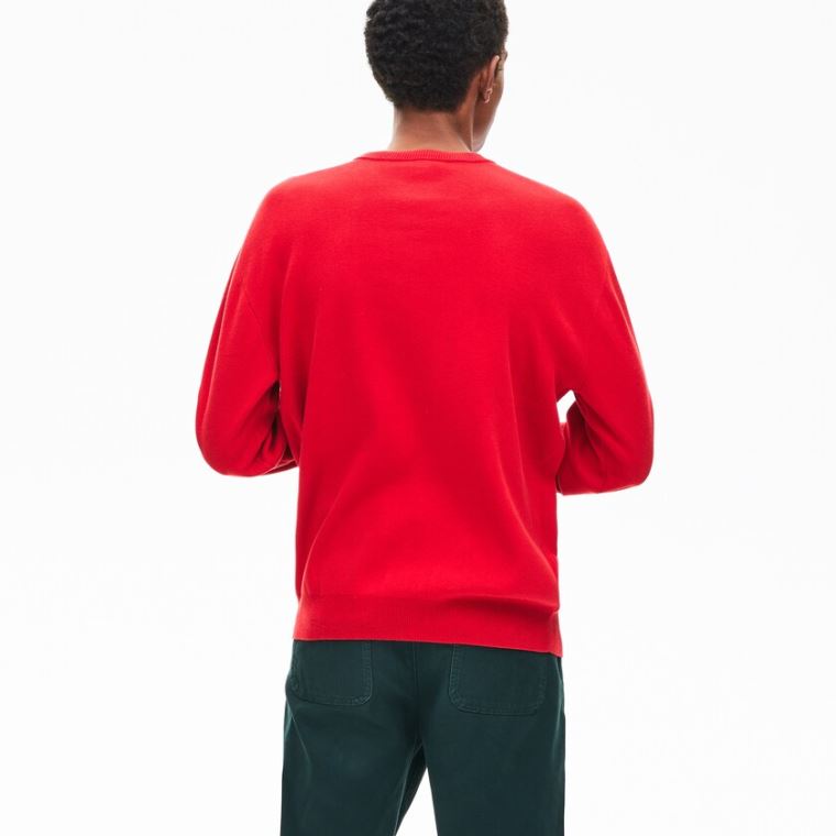 Lacoste Crewneck Signature-Logo Knit Sweater Rød | ca2KXqEg