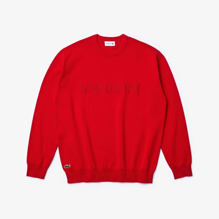 Lacoste Crewneck Signature-Logo Knit Sweater Rød | ca2KXqEg