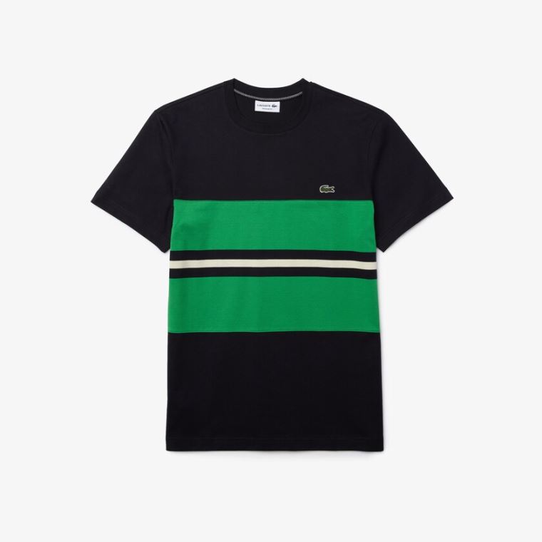 Lacoste Crewneck Striped Bomulds T-shirt Mørkeblå Blå Grøn Beige | ezEQdEQx