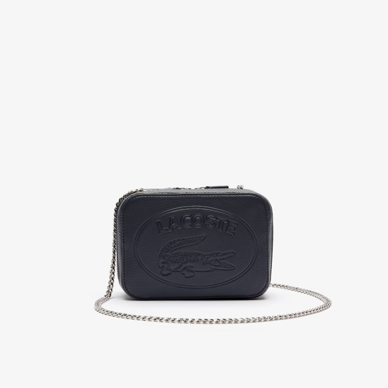 Lacoste Croco Crew Grained Læder Zip Shoulder Bag Mørkeblå | ofwXzPCN